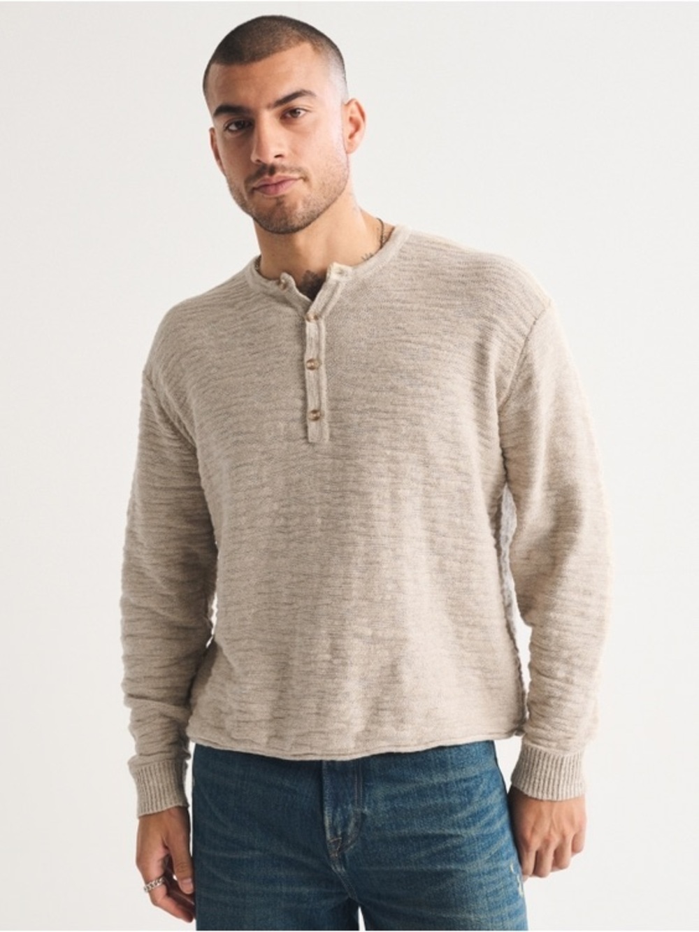 NWT Abercrombie & Fitch 100% Cotton Knit Henley Beige Size Small